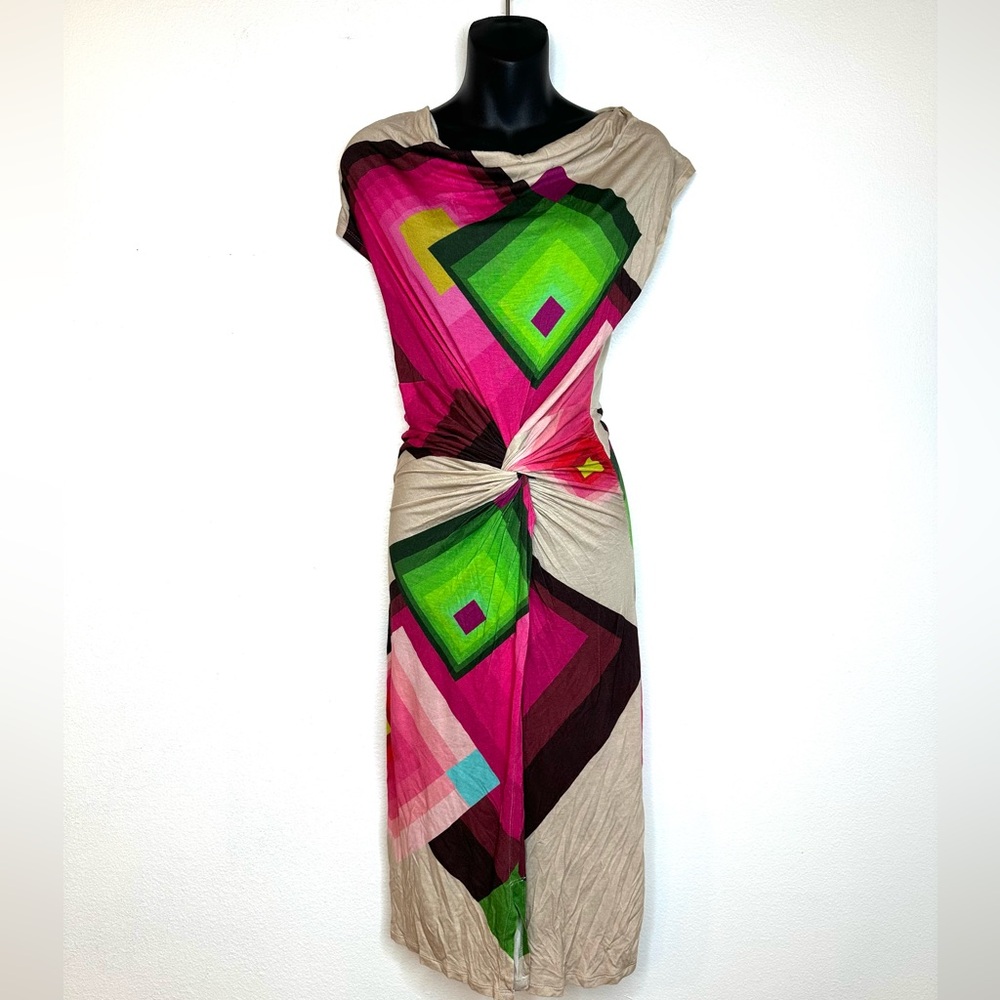 Desigual Women's Midi Dress S Cowl Neck Cinched Waist Geometric Print Bodycon